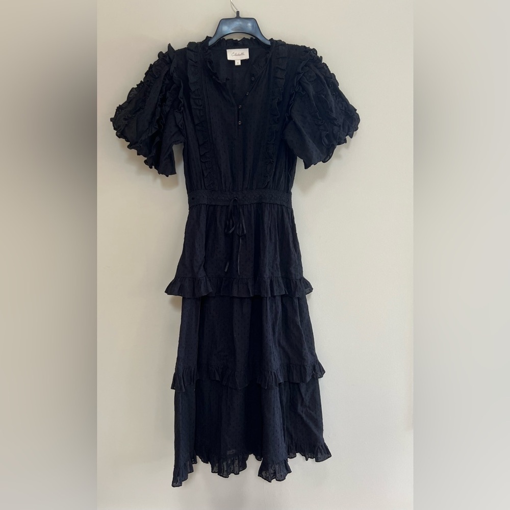 Cleobella Brigitte Midi Ruffled Bubble Sleeve Smocked Tiered Dress Black, Medium - Picture 3 of 9